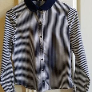 Long sleeve navy blue and white striped blouse